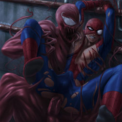Rule 34 | 2boys, anal, blood, bludwing, bound, bulge, carnage (marvel), erection, erection under clothes, highres, injury, interspecies, male focus, male penetrated, marvel, monster, multiple boys, peter parker, rape, restrained, saliva, saliva trail, sex, spider-man, symbiote, tagme, torn clothes, yaoi
