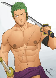 Rule 34 | 1boy, abs, bad id, bad pixiv id, bandana, bara, black eyes, earrings, frown, green hair, jewelry, large pectorals, looking at viewer, male focus, muscular, muscular male, navel, nipples, one eye closed, one piece, over shoulder, pectorals, roronoa zoro, scar, scar across eye, scar on chest, scar on face, sheath, short hair, single earring, solo, spiked hair, stitches, stomach, sword, sword over shoulder, tachikawa (hawk 003), topless male, unsheathing, weapon, weapon over shoulder