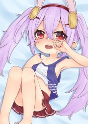 Rule 34 | 1girl, animal ears, armpits, azur lane, bad id, bad pixiv id, bare arms, bare legs, bed sheet, camisole, camisole lift, clothes lift, collarbone, hair between eyes, hairband, headgear, laffey (azur lane), long hair, looking at viewer, lying, on back, open mouth, pleated skirt, purple hair, rabbit ears, red eyes, red hairband, red skirt, reo (re2kn), saliva, sidelocks, skirt, solo, tears, twintails, very long hair