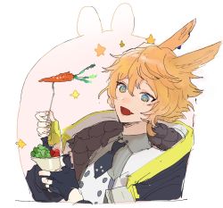 Rule 34 | 1boy, animal ears, arknights, black gloves, blonde hair, carrot, dal-gi, fang, fingerless gloves, food, gloves, hair between eyes, highres, holding, holding food, jacket, leonhardt (arknights), male focus, open mouth, rabbit boy, rabbit ears, simple background, skin fang, solo, star (symbol), upper body