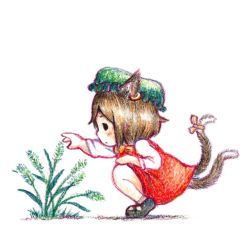 Rule 34 | 1girl, chen, colored pencil (medium), female focus, green hat, hat, mob cap, plant, profile, ribbon, simple background, solo, squatting, tail, tail ornament, tail ribbon, terrajin, touhou, traditional media, white background