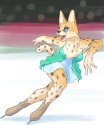 Rule 34 | 1girl, :d, animal ear fluff, blue eyes, blurry, blurry background, cheetah, copyright name, crowd, dress, figure skating, furry, green dress, ice skates, open mouth, ryu masakaze, skates, skating, skating rink, smile, solo, spotted fur, standing, tail, yellow fur