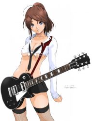 Rule 34 | 1girl, blue eyes, breasts, brown hair, cleavage, duplicate, guitar, instrument, miniskirt, necktie, ryouzou, shirt, simple background, skirt, solo, thighhighs, tied shirt, underboob