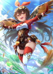 Rule 34 | 1girl, :d, amber (genshin impact), belt pouch, blush, boots, breasts, brown hair, brown shorts, commentary request, genshin impact, gloves, hair between eyes, highres, long hair, long sleeves, looking at viewer, medium breasts, open mouth, orange eyes, pouch, red gloves, red thighhighs, short shorts, shorts, shrug (clothing), smile, solo, tenton (henatyo), thigh boots, thighhighs, very long hair, vision (genshin impact), white footwear, wind glider