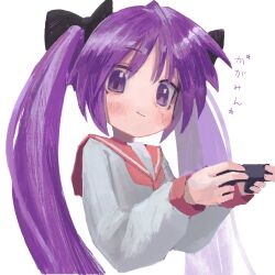 Rule 34 | 1girl, black bow, blush, bow, character name, hair bow, handheld game console, highres, hiiragi kagami, holding, holding handheld game console, light smile, long hair, long sleeves, looking at viewer, lucky star, magan0301, purple eyes, purple hair, red sailor collar, sailor collar, school uniform, shirt, simple background, sleeve cuffs, twintails, upper body, white background, white shirt