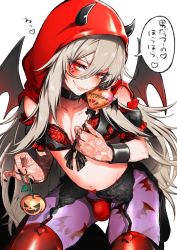 Rule 34 | 1boy, bat wings, bra, bulge, fang, grey hair, heart, highres, jack-o&#039;-lantern, long hair, looking at viewer, male focus, morino bambi, navel, original, panties, red bra, red eyes, red panties, red thighhighs, simple background, smile, solo, thighhighs, translated, trap, underwear, very long hair, white background, wings