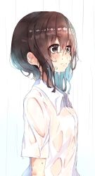 Rule 34 | 1girl, absurdres, blush, breasts, brown eyes, brown hair, collared shirt, commentary request, crying, crying with eyes open, from side, hair between eyes, highres, looking away, medium breasts, original, rain, ranf, shirt, short hair, short sleeves, snot, solo, tears, upper body, wet, wet clothes, wet shirt, white shirt, wing collar