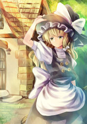 Rule 34 | 1girl, apron, bad id, bad pixiv id, black skirt, black vest, bow, broom, cowboy shot, day, focused, hair bow, hand on headwear, hat, hat bow, holding, holding broom, house, kirisame marisa, light particles, light rays, long hair, looking afar, ookashippo, outdoors, shirt, short sleeves, skirt, skirt set, solo, sunbeam, sunlight, touhou, tree, turtleneck, vest, waist apron, white shirt, witch hat, yellow eyes