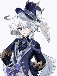 Rule 34 | 1girl, ascot, asymmetrical gloves, black ascot, black gloves, blue hat, blue jacket, brooch, closed mouth, enu (brandnewday02), furina (genshin impact), genshin impact, gloves, grey eyes, grey hair, hair over one eye, hands on own hips, hat, highres, jacket, jewelry, long hair, long sleeves, looking at viewer, mismatched gloves, short hair, simple background, smile, solo, top hat, upper body, very long hair, vest, white background, white gloves, white vest