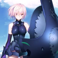Rule 34 | 1girl, armor, bare shoulders, cloud, day, elbow gloves, fate/grand order, fate (series), gloves, groin, light purple hair, mash kyrielight, purple eyes, shield, sky, solo, yangsion