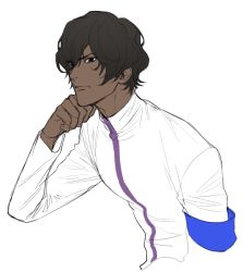 Rule 34 | 1boy, arjuna (fate), black eyes, black hair, closed mouth, commentary request, dark-skinned male, dark skin, fate/grand order, fate (series), jacket, long sleeves, looking at viewer, male focus, onegingek, simple background, solo, upper body, white background, white jacket