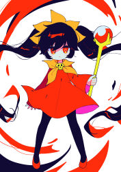 Rule 34 | 1girl, absurdres, ashley (warioware), black hair, black pantyhose, blush, closed mouth, dress, full body, hairband, highres, holding, holding staff, light frown, long hair, long sleeves, looking at viewer, nintendo, offbeat, pantyhose, red dress, red eyes, red footwear, solo, staff, twintails, very long hair, warioware, yellow hairband