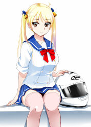 Rule 34 | 1girl, artist request, bakuon!!, bell ornaments, blonde hair, closed mouth, helmet, highres, motorcycle helmet, pink thighhighs, school uniform, sitting, skirt, smile, solo, source request, suzunoki rin, thighhighs, twintails