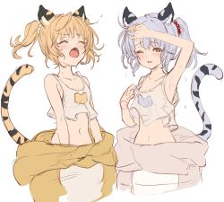 Rule 34 | 2girls, animal ears, arm up, ayacho, bai (granblue fantasy), bare shoulders, blonde hair, blush, breasts, camisole, cleavage, crop top, fang, granblue fantasy, grey hair, highres, huang (granblue fantasy), looking at viewer, multiple girls, navel, one eye closed, raised eyebrows, shirt, short hair, simple background, sketch, skin fang, small breasts, sweat, tail, tiger ears, tiger tail, twintails, undressing, wearable sleeping bag, white background, white shirt, wiping sweat