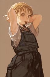 Rule 34 | 1girl, :|, blonde hair, brown background, brown eyes, burari, closed mouth, hair tie, highres, looking at viewer, mouth hold, original, overalls, shirt, short hair, short sleeves, simple background, solo, white shirt