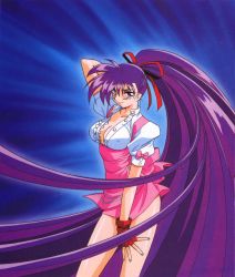 Rule 34 | 1990s (style), 1girl, absurdly long hair, arm behind head, arm up, blue background, breasts, cleavage, covered erect nipples, cowboy shot, fingerless gloves, gloves, hair ribbon, high ponytail, highres, kimura takahiro, large breasts, long hair, official art, purple eyes, purple hair, red gloves, retro artstyle, ribbon, scan, short sleeves, solo, takeuchi yuka, variable geo, very long hair