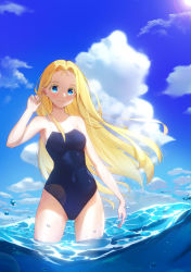 Rule 34 | 1girl, absurdres, blonde hair, blue eyes, blue one-piece swimsuit, blue sky, breasts, cloud, competition school swimsuit, covered navel, cowboy shot, forehead, hair intakes, highres, kofune ushio, long hair, one-piece swimsuit, outstretched arms, partially submerged, partially underwater shot, school swimsuit, sitting, sky, small breasts, solo, standing, summertime render, swimsuit, underwater, very long hair, vvy (pixiv8292538), wading