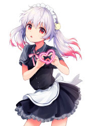 Rule 34 | 1other, :o, absurdres, apron, back bow, bad id, bad pixiv id, bear hair ornament, blush, bow, commentary request, dress, fukakai na boku no subete wo, gradient hair, grey shirt, hair between eyes, hair ornament, heart, heart hands, highres, konayama kata, layered dress, looking at viewer, maid headdress, medium hair, multicolored hair, open mouth, original, other focus, pinafore dress, red eyes, red hair, shirt, short sleeves, silver hair, simple background, sleeveless dress, solo, twintails, waist apron, white background