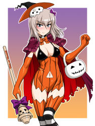 Rule 34 | 1girl, blonde hair, blue eyes, blush, bow, bowtie, breasts, cape, cleavage, closed mouth, elbow gloves, girls und panzer, gloves, hair bow, halloween, halloween bucket, halloween costume, hat, itsumi erika, looking at viewer, medium breasts, navel, no panties, oosaka kanagawa, orange bow, orange bowtie, orange gloves, simple background, solo, standing, witch, witch hat