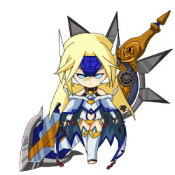 Rule 34 | arc system works, blazblue, blonde hair, chibi, long hair, lowres, mu-12, solo, spoilers, sword, thighhighs, weapon