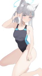 Rule 34 | 1girl, absurdres, animal ear fluff, animal ears, blue archive, blue eyes, breasts, fox ears, grey hair, hair ornament, halo, highleg, highleg swimsuit, highres, long hair, official alternate costume, one-piece swimsuit, shiroko (blue archive), small breasts, solo, sweat, swimsuit, thighs, wet, xochi (nueeen6978)