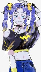Rule 34 | &gt;:), 1girl, :3, absurdres, arm up, black nails, blue eyes, blue hair, bracelet, clothing cutout, collar, commentary, crop top, ear piercing, eyebrow piercing, gradient hair, hair bobbles, hair ornament, hand on own head, highres, jewelry, lightning bolt symbol, multicolored hair, nail polish, navel, original, parted bangs, piercing, pointy ears, safety pin, sahau228, shoulder cutout, sidelocks, smiley face, solo, spiked collar, spikes, twintails, v-shaped eyebrows, wristband