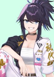 Rule 34 | 1girl, bandages, black choker, black hair, blue eyes, breasts, chest sarashi, choker, cleavage, clothes writing, collarbone, commentary request, dahadekan, green background, grin, highres, indie virtual youtuber, jacket, knee up, kson, looking at viewer, medium hair, midriff, open clothes, open jacket, pants, ponytail, puffy short sleeves, puffy sleeves, sarashi, short sleeves, sidelocks, simple background, smile, solo, souchou, strapless, translation request, tube top, upper body, virtual youtuber, white pants