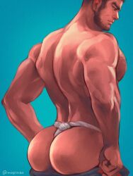 Rule 34 | 1boy, ass, back, bara, beard, between buttocks, black hair, buzz cut, chest hair, clothes pull, facial hair, feet out of frame, from behind, fundoshi, goatee stubble, golden kamuy, huge ass, japanese clothes, large pectorals, long sideburns, looking down, male focus, mature male, muscular, muscular male, nopinzo, pants, pants pull, pectorals, presenting, pulled by self, scar, short hair, sideburns, solo, stubble, tanigaki genjirou, thick eyebrows, very short hair