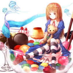 Rule 34 | 1girl, bowl, brown eyes, brown hair, candy, eel, food, fruit, glass, hairband, holding, ice cream, in food, jellyfish, lain, lollipop, long hair, mini person, minigirl, original, pocky, sitting, smile, solo, strawberry, striped clothes, striped thighhighs, stuffed animal, stuffed toy, sweets, teddy bear, thighhighs
