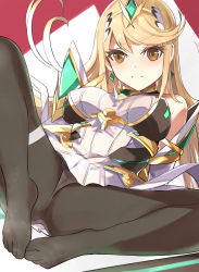 Rule 34 | 1girl, armor, armored dress, bare shoulders, blonde hair, breast hold, breasts, closed mouth, dress, earrings, elbow gloves, feet, full body, gloves, gold trim, hair ornament, halterneck, highres, hip vent, jewelry, large breasts, leggings, legs apart, long hair, mythra (massive melee) (xenoblade), mythra (xenoblade), nintendo, panties, pantyhose, sidelocks, simple background, solo, super smash bros., sweatdrop, swept bangs, tiara, tomas (kaosu22), underwear, very long hair, white dress, white gloves, xenoblade chronicles (series), xenoblade chronicles 2, yellow eyes