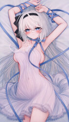 1girl armpits arms_up bed_sheet black_bow black_hairband blue_choker blue_eyes blue_ribbon blush bow breasts choker closed_mouth collarbone covered_navel cowboy_shot dot_nose dress from_above hair_bow hairband highres lace lace-trimmed_dress lace_trim lingerie long_hair looking_to_the_side lying medium_breasts on_back original ribbon ribbon_choker sideboob solo thighs underwear unworn_dress variant_set wakaba_(945599620) white_dress white_hair