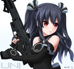 Rule 34 | 10s, 1girl, puff of air, adaptive combat rifle, assault rifle, bare shoulders, black gloves, black hair, black ribbon, character name, detached sleeves, fingerless gloves, gloves, gun, hair ribbon, holding, holding gun, holding weapon, keenh, long hair, looking to the side, magazine (weapon), neptune (series), red eyes, red hair, ribbon, rifle, signature, simple background, solo, trigger discipline, twintails, two side up, uni (neptunia), weapon, white background