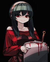 Rule 34 | 1girl, ambiguous red liquid, apron, artist name, bare shoulders, black background, black hair, blurry, breasts, closed mouth, collarbone, commentary, cooking pot, grey hairband, hair between eyes, hairband, holding cooking pot, long sleeves, looking at viewer, makaroll, medium breasts, messy, no pupils, off-shoulder sweater, off shoulder, red apron, red eyes, red sweater, shaded face, short hair, short hair with long locks, sidelocks, simple background, smile, solo, spy x family, sweater, upper body, yor briar