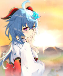 Rule 34 | 1girl, alternate costume, blue hair, blurry, chinese clothes, commentary request, depth of field, flower, from behind, ganyu (genshin impact), genshin impact, goat horns, hair between eyes, hair flower, hair ornament, highres, horns, long hair, long sleeves, looking at viewer, looking back, miru (hvrs4548), mountainous horizon, purple eyes, sidelocks, smile, solo, sunlight, sunrise, wide sleeves