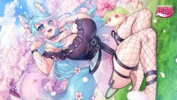 Rule 34 | 1girl, absurdres, animal ears, artist logo, black panties, blue eyes, blue hair, blue sky, bow, breasts, cherry blossoms, clothes lift, cloud, commentary, english commentary, fangs, fingernails, fishnet thighhighs, fishnets, flower, forest, gradient hair, grass, hair bow, highres, huge breasts, kneeling, long hair, multicolored hair, mushroom, nature, on grass, open mouth, osiimi, panties, petals, pink hair, pink nails, see-through, silvervale, silvervale (5th costume), skirt, skirt lift, sky, solo, tail, thick thighs, thighhighs, thighs, underwear, very long hair, virtual youtuber, vshojo, white background, white bow, wolf ears, wolf girl, wolf tail