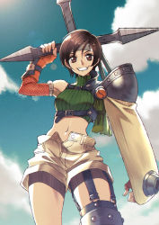 Rule 34 | 1girl, armor, asymmetrical legwear, bare shoulders, blue sky, brown eyes, brown hair, brown shorts, cloud, commentary, cowboy shot, crop top, cropped sweater, final fantasy, final fantasy vii, fingerless gloves, fishnets, furrowed brow, gloves, green sweater, grin, headband, highres, holding, holding weapon, huge weapon, looking at viewer, midriff, navel, open fly, orange gloves, ribbed sweater, short hair, shorts, shuriken, sky, sleeveless, sleeveless sweater, sleeveless turtleneck, smile, solo, standing, sweater, tomaty., turtleneck, uneven legwear, weapon, yuffie kisaragi