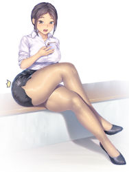 Rule 34 | 1girl, :o, a.x., black eyes, black footwear, black hair, black pantyhose, black skirt, blush, breasts, brown pantyhose, cellphone, collar, collarbone, collared shirt, dress shirt, high heels, highres, holding, holding phone, large breasts, mole, mole under eye, nail polish, office lady, open mouth, original, pantyhose, parted lips, pencil skirt, phone, see-through, see-through legwear, shirt, shirt tucked in, sidelocks, simple background, sitting, skirt, sleeves rolled up, smartphone, solo, sweat, teeth, thick thighs, thighs, torn clothes, torn skirt, upper teeth only, wardrobe malfunction, white background, white collar