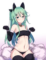Rule 34 | 10s, 1girl, alternate costume, animal ears, armpits, bandeau, bell, black gloves, black thighhighs, breasts, cat ears, choker, cleavage, collarbone, commentary request, cushion, elbow gloves, fake animal ears, gloves, green eyes, green hair, hair ornament, hair ribbon, hairclip, kantai collection, long hair, looking at viewer, natori youkai, navel, paw pose, ribbon, side-tie bottom, simple background, sitting, solo, thighhighs, white background, yamakaze (kancolle)