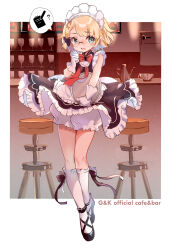 Rule 34 | 1girl, ?, aged down, apron, bar (place), bar stool, black dress, black footwear, blonde hair, bloomers, blush, bottle, bow, braid, braided bangs, cup, dress, drinking glass, frilled apron, frills, g36 (girls&#039; frontline), g36 (mini maid) (girls&#039; frontline), girls&#039; frontline, glasses, gloves, green eyes, hand up, highres, holding, holding tray, kneehighs, looking at viewer, maid headdress, nose blush, official alternate costume, parted lips, red bow, rero (bigdoorbig2), shoes, side braid, single braid, sleeveless, sleeveless dress, socks, solo, standing, stool, tray, underwear, uniform, waist apron, waitress, white apron, white background, white bloomers, white gloves, white socks, wine glass