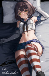 Rule 34 | 1girl, aftersex, black neckerchief, black panties, breasts, brown hair, cosplay, crop top, cum, cum on body, cum on hair, eckert&amp;eich, elbow gloves, empty eyes, facial, gloves, hairband, highres, kantai collection, kishinami (kancolle), lying, microskirt, neckerchief, on back, on bed, panties, unworn panties, pillow, sailor collar, shimakaze (kancolle), shimakaze (kancolle) (cosplay), short hair, skirt, small breasts, solo, striped, thighhighs, underwear, white gloves, yellow eyes
