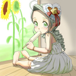 Rule 34 | 00s, barefoot, child, doll joints, dress, drill hair, feet, food, green eyes, green hair, ishikkoro, joints, kanaria, long hair, popsicle, rozen maiden, solo