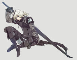 Rule 34 | 1boy, aged down, bad id, bad pixiv id, beniyama, blonde hair, blue eyes, clothes, full body, grey background, male focus, nier, nier (series), nier (brother), simple background, sitting, solo, sword, weapon, white hair