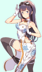 Rule 34 | 10s, 1girl, aqua background, armpits, ass, ass cutout, bad id, bad pixiv id, bare shoulders, black hair, black thighhighs, blue eyes, breasts, butt crack, china dress, chinese clothes, cleavage, cleavage cutout, clothing cutout, collarbone, dress, gloves, goggles, goggles on head, granblue fantasy, high heels, jessica (granblue fantasy), long hair, revision, ryuinu, side slit, simple background, smile, solo, standing, standing on one leg, tareme, thighhighs, white gloves
