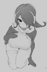 Rule 34 | 1girl, breasts, drawstring, emperor penguin (kemono friends), grey background, greyscale, hair over one eye, hand on own chest, headphones, highres, kemono friends, kneeling, kona ming, large breasts, long hair, looking at viewer, monochrome, one eye covered, parted lips, simple background, sketch, solo, thigh gap, thighhighs