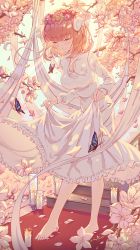Rule 34 | 1girl, absurdres, barefoot, blunt bangs, blush, bowing, breasts, bug, butterfly, butterfly hair ornament, candle, cherry blossoms, closed eyes, clothes lift, collar, dress, frilled collar, frilled dress, frills, go-toubun no hanayome, hair ornament, head wreath, highres, insect, large breasts, light rays, nakano nino, petals, pink hair, red carpet, ribbon, skirt, skirt lift, smile, stairs, sunlight, twintails, white dress, white ribbon, yozora (1wkdgusdn)