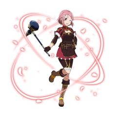 Rule 34 | 1girl, ;d, apron, black gloves, boots, breasts, brown apron, brown footwear, brown shorts, dress, full body, gloves, hair ornament, hairclip, hand on own hip, holding, holding weapon, knee boots, leg up, lisbeth (sao), medium breasts, one eye closed, open mouth, pink hair, red dress, red eyes, short hair, shorts, simple background, smile, solo, standing, standing on one leg, sword art online, war hammer, warhammer, weapon, white background