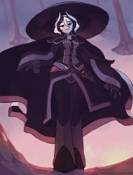 Rule 34 | 1girl, black cape, black coat, black hair, blurry, blurry background, cape, coat, commentary, english commentary, from below, full body, hat, looking at viewer, looking down, made in abyss, multicolored hair, ozen, parted lips, rtil, short hair, solo, standing, two-tone hair, whistle, white hair
