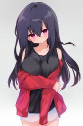 Rule 34 | 1girl, absurdres, black hair, black tank top, braid, breasts, commentary request, grey background, highres, jacket, kurimochi chizuru, large breasts, long hair, off shoulder, original, purple eyes, red jacket, short shorts, shorts, simple background, solo, tank top, white shorts