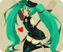 Rule 34 | 1girl, bad id, bad pixiv id, elbow gloves, fork, gloves, green hair, hat, hatsune miku, headset, heart, kneeling, knife, long hair, mossariman, open mouth, peaked cap, red eyes, sadistic music factory (vocaloid), solo, thighhighs, twintails, very long hair, vocaloid