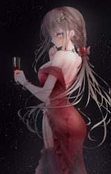 Rule 34 | 1girl, absurdres, alcohol, ass, bangle, bare shoulders, black thighhighs, blue eyes, blush, bracelet, brown hair, closed mouth, commentary, cup, dress, drink, drinking glass, earrings, flower, garter straps, hair between eyes, hair flower, hair ornament, hairclip, hands up, highres, holding, holding cup, jewelry, lace, lace-trimmed legwear, lace trim, light smile, long hair, looking at viewer, looking back, original, red dress, solo, symbol-only commentary, tandohark, thighhighs, very long hair, white flower, wine, wine glass
